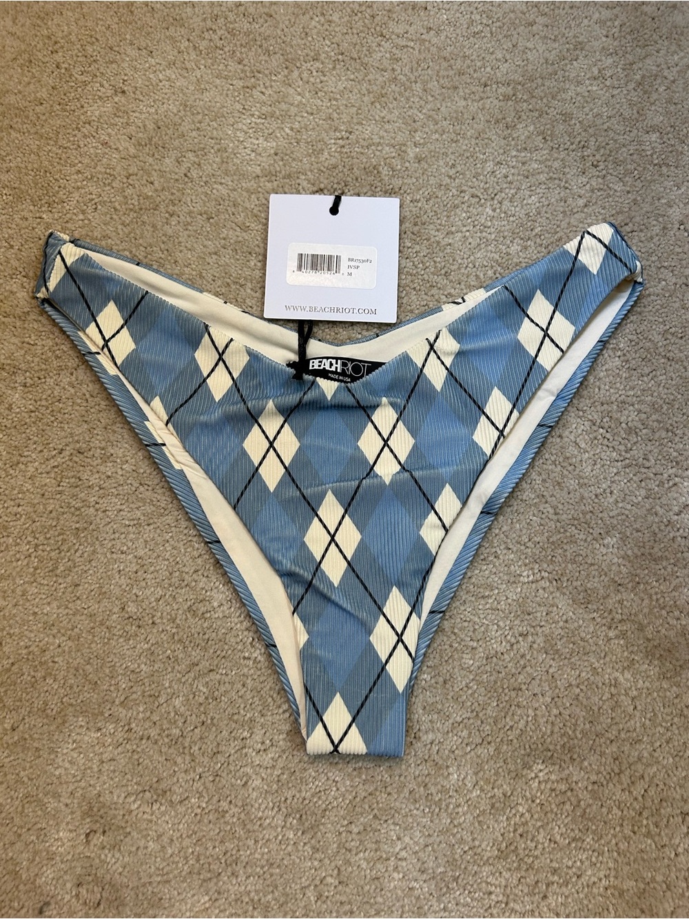 Beach Riot Vanessa Bikini Bottoms Blue Argyle NWT Cheeky High-Cut Swim Sz M